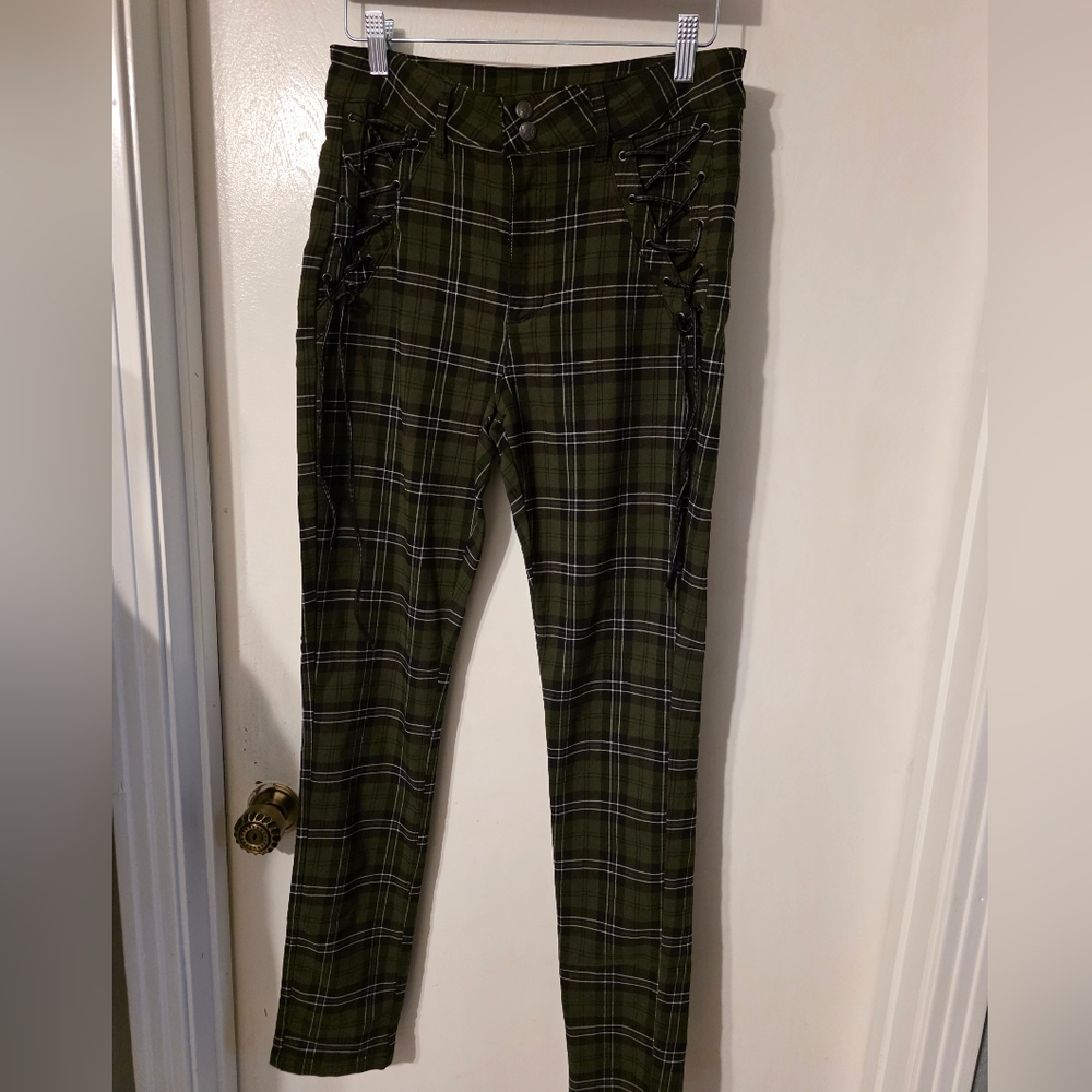 Killstar Olive Green Plaid Lace-Up Skinny Pants Size M - Picture 2 of 8